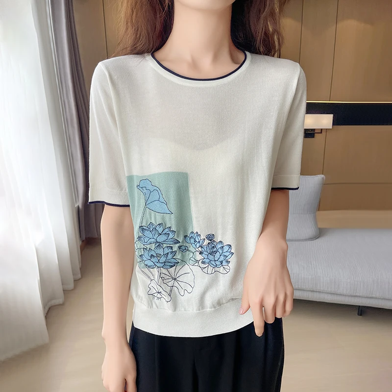 Summer New Short Sleeved Women's Round Neck Pullover Vest Lyocell 100% Tencel T-Shirt Fashionable Printed Contrasting Tops