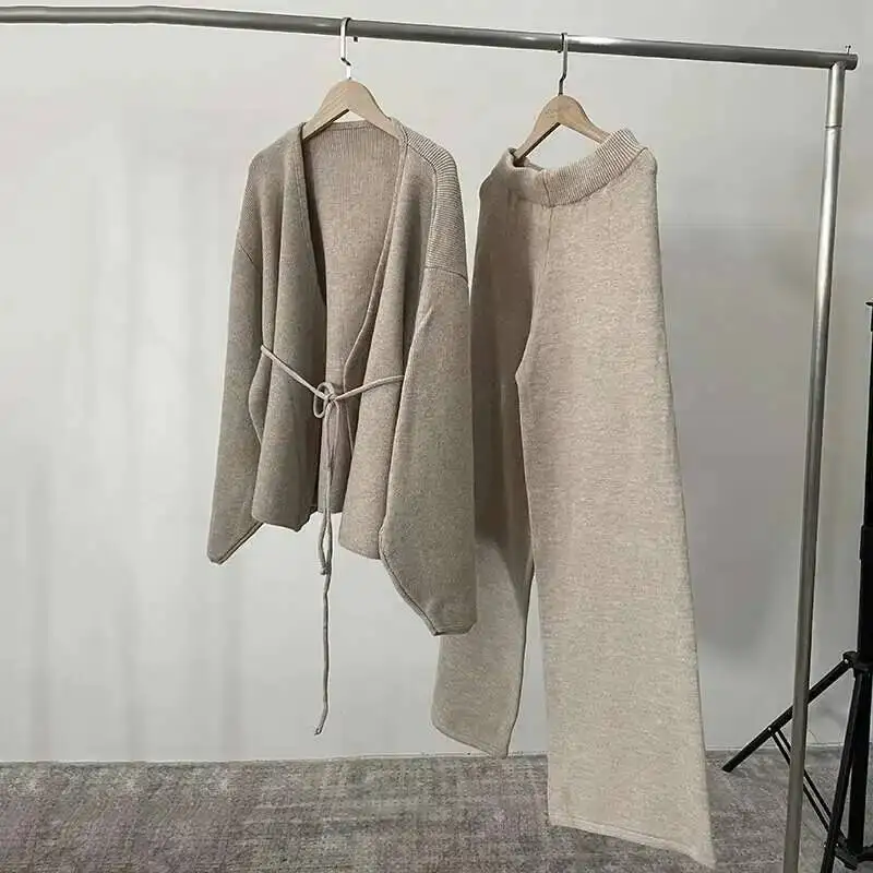 [EWQ] Fashion V-neck Long Sleeve Lace Up Sweater And High Waist Trousers Casual Women Knit Set Clothing 2025 Autumn New 16O1719