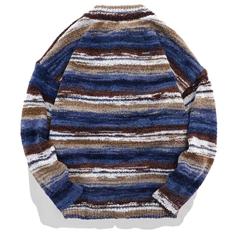 Gradient Striped Patchwork Color Men Sweater Coat Vintage Fashion Casual O-Neck Sweater Winter Male Thick Cardigan Sweater