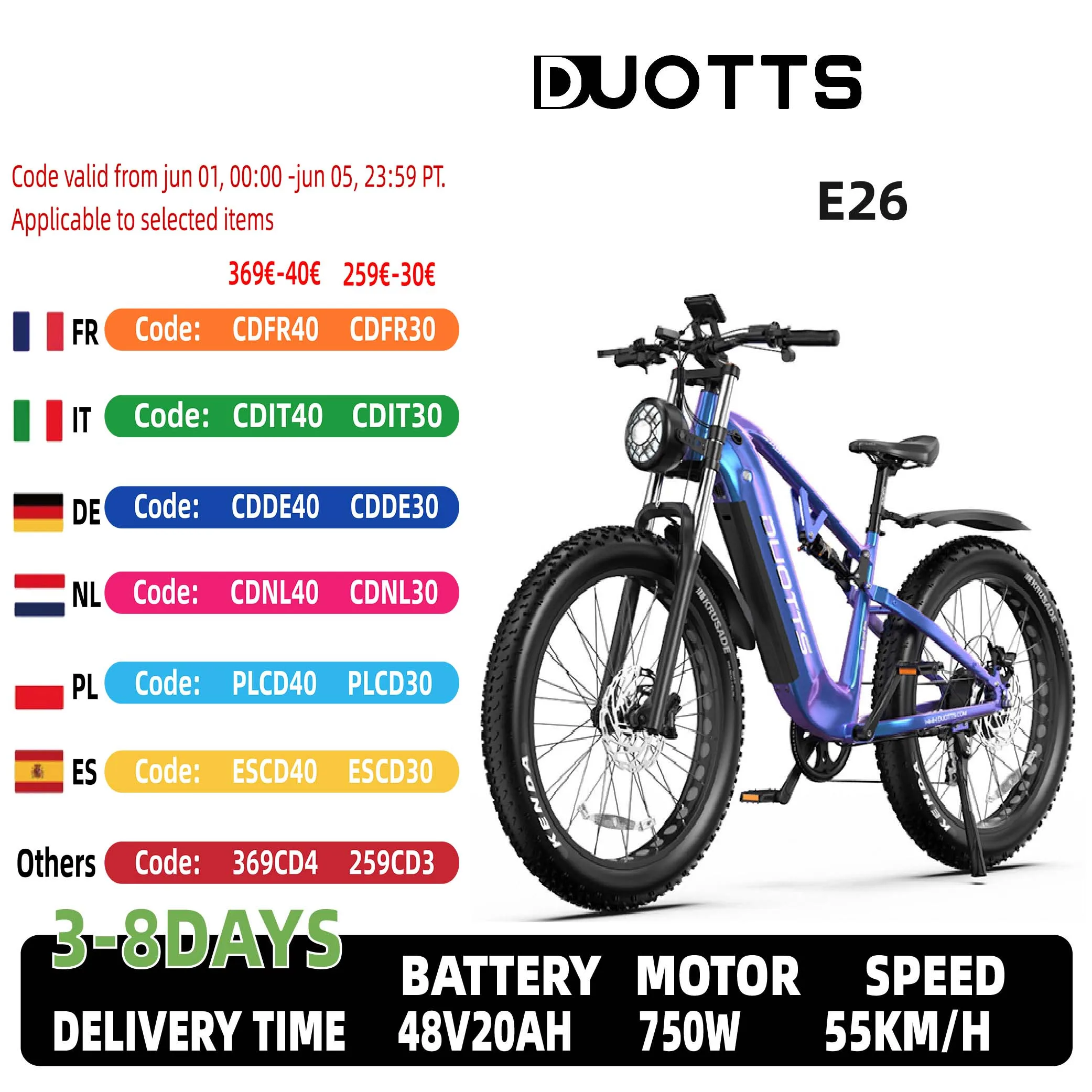 Duotts e26 Elektro fahrrad 750w bürstenloser Motor 48 v20ah Batterie Mountain Elektro fahrrad 26