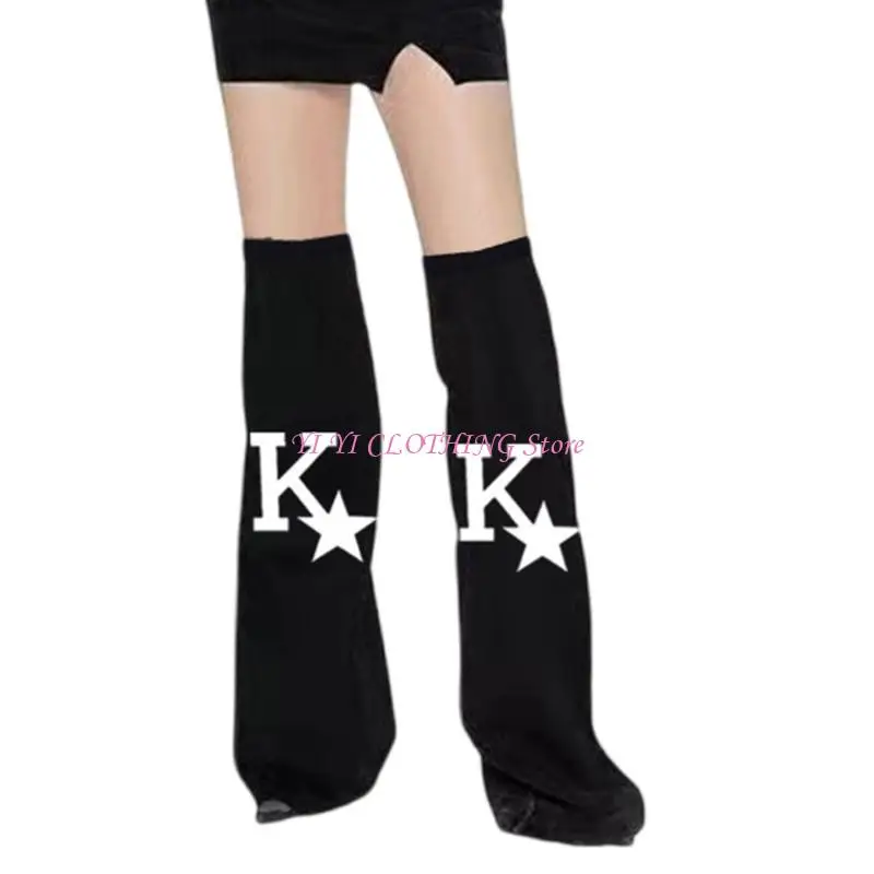 

N5KF Harajuku Letter Star Flared Leg Covers Punk Overknee Black Denims Leg Warmers