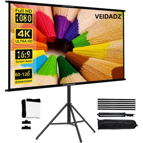 Tela de projetor VEIDADZ com suporte dobrável branco sem rugas 60-120 polegadas 16:9 tela com bolsa para home theater interno e externo