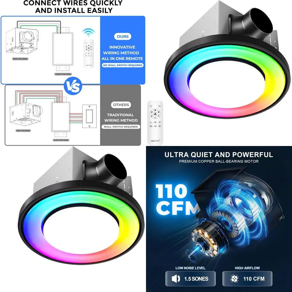 

Ultra Quiet 110 CM 1.5 Sone Ceiling-Mounted Bathroom Exhaust Fan with RGB LED, 3CCT Lighting, Nightlight, and Remote Control (Bl