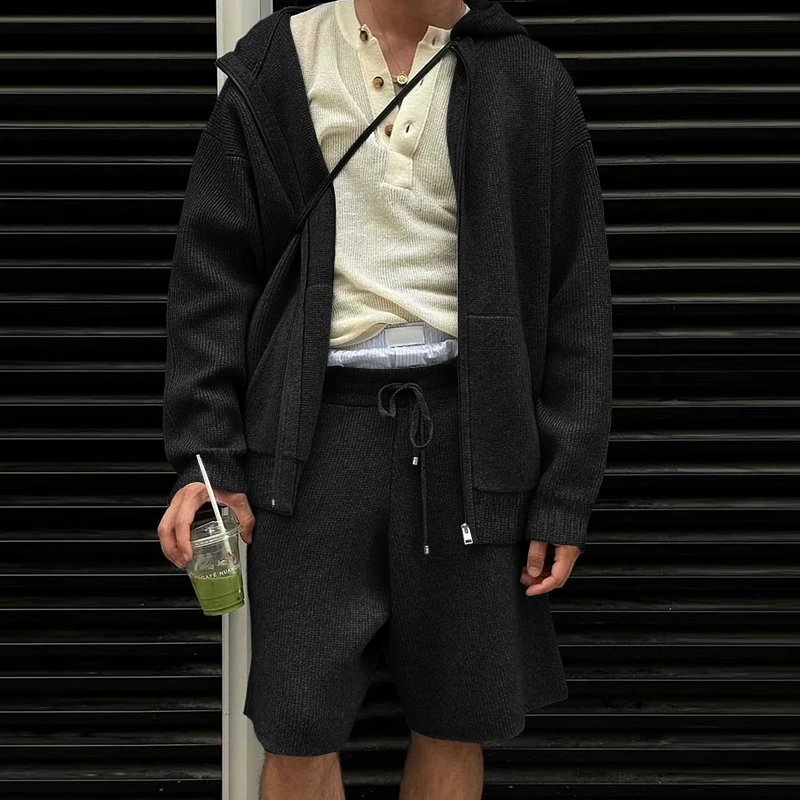 INCERUN Men Sets Solid Color Hooded Long Sleeve Sweatshirt & Shorts Two Pieces Sets Streetwear Loose 2026 Fashion Men's Suits