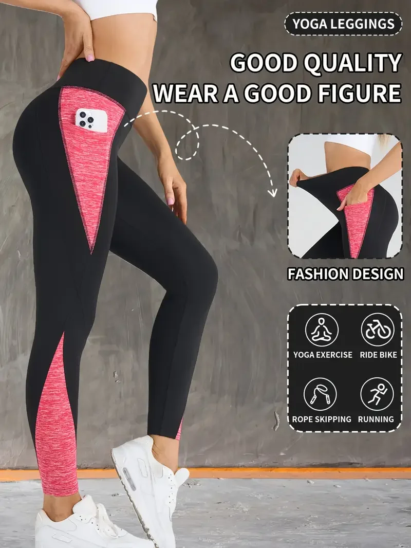 Contrast Color Patchwork Side Pocket Yoga Pants High Waist Tummy Control Hip Lifting Yoga Leggings Sportawear For Women