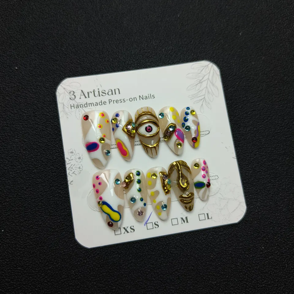 10 piezas uñas postizas de lujo vintage francesas - acrílicas almendra hechas a mano con arte abstracto dorado, caras 3D y lunares coloridos 6