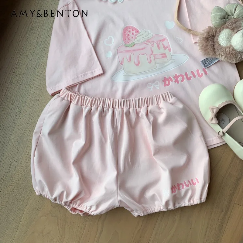 

2024 Japanese Cute Sweet Light Pink Versatile Lace Round Neck Short-Sleeved T-shirt with Solid Color Bouquet Bud Pants For Girls