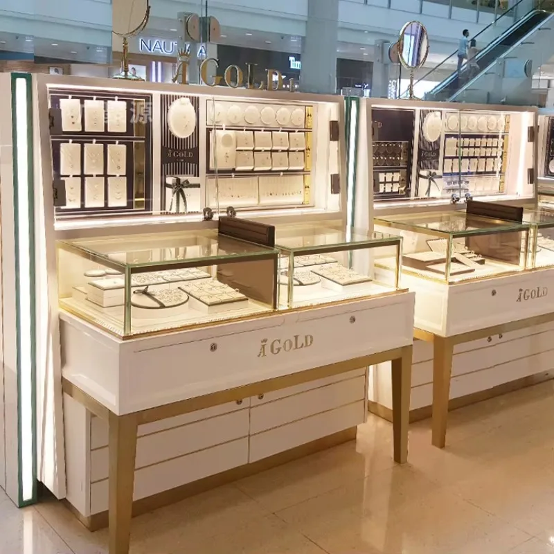 Custom.High Quality Customizable L-Shaped Plywood Counter Display Rack White LED Lighting Showcase Cabinet for Jewelry  for Show