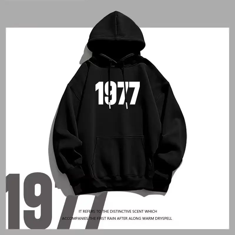 1977 العلامة التجارية الأمريكية العصرية معطف بقلنسوة زوجين ارتداء الخريف والشتاء كبيرة الحجم فضفاضة رداء علوي غير رسمي الرجال والنساء ملابس الشارع