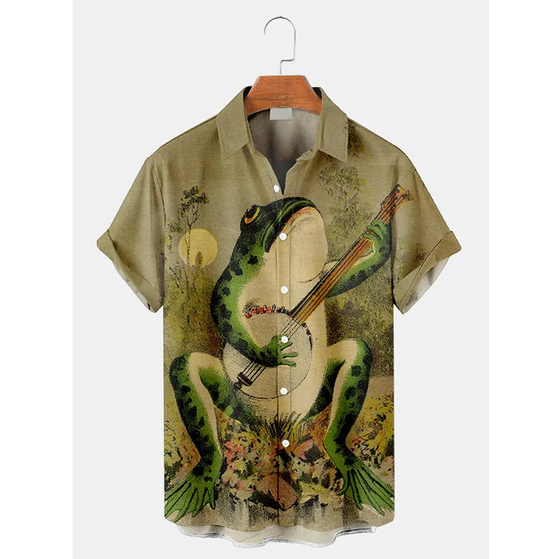 Funny Frog Graphic Hawaiian Shirt For Men Animal Music 3D Printed Aloha Shirts Casual Streetwear Short Sleeve Blouse Lapel Tops