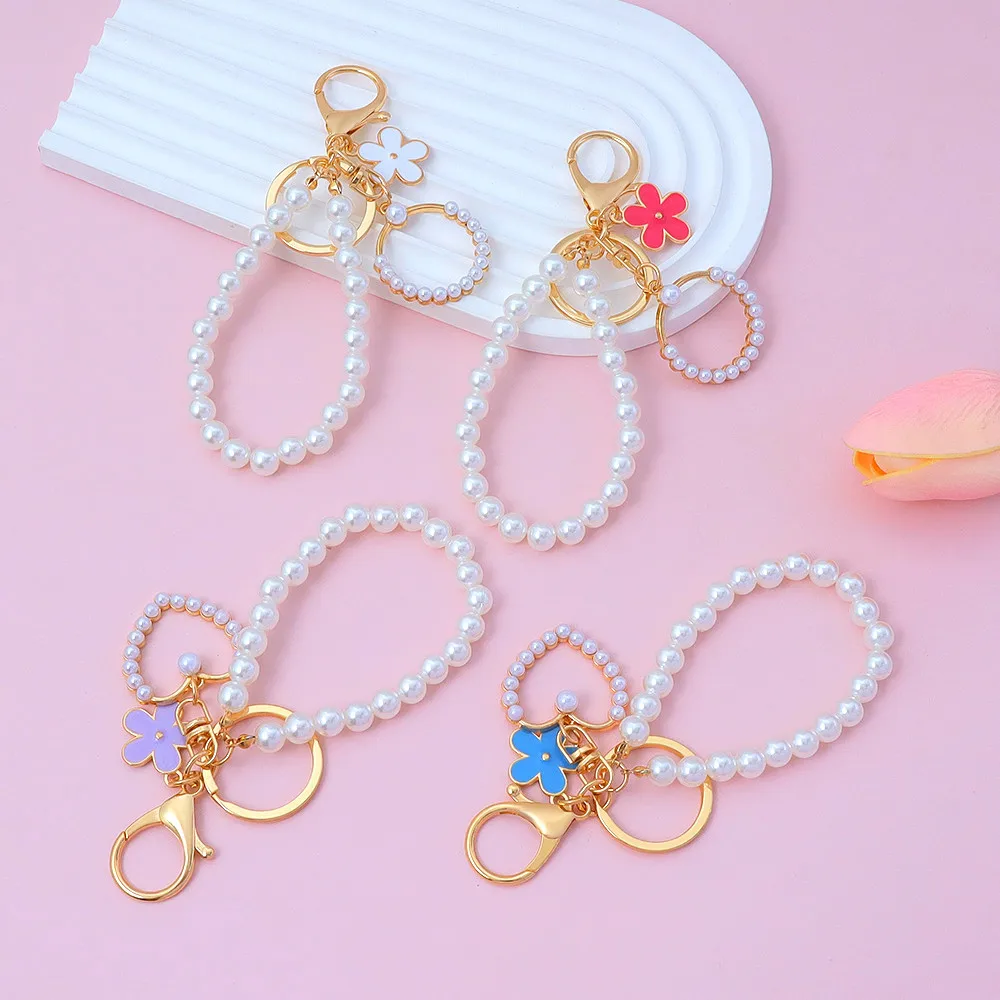 Lovely Multicolor Flower Keychain Cute Heart Pearl Pendant Key Ring For Girl Handbag Decor