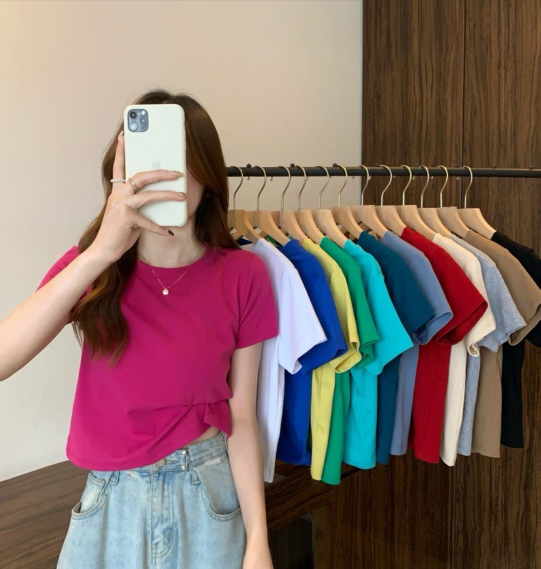 Summer 2026 Candy Colored round Neck High Waist Short Sleeve T Shirt Women's Korean Style Ins Super Popular Short Length Top 