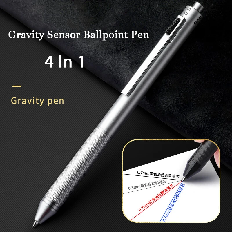 4 In 1 Multifunction Metal Oil Ballpoint Pens 0.7mm Black/Blue/Red Ink ,0.5mm Mechanical Pencil Gravity Sensor Black Technology