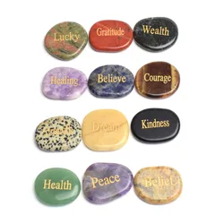 1 Piece Natural Chakra Semi-precious Stone Quartz Obsidian Amethyst Engraved Crystal Reiki Healing Inspirational Positive Word