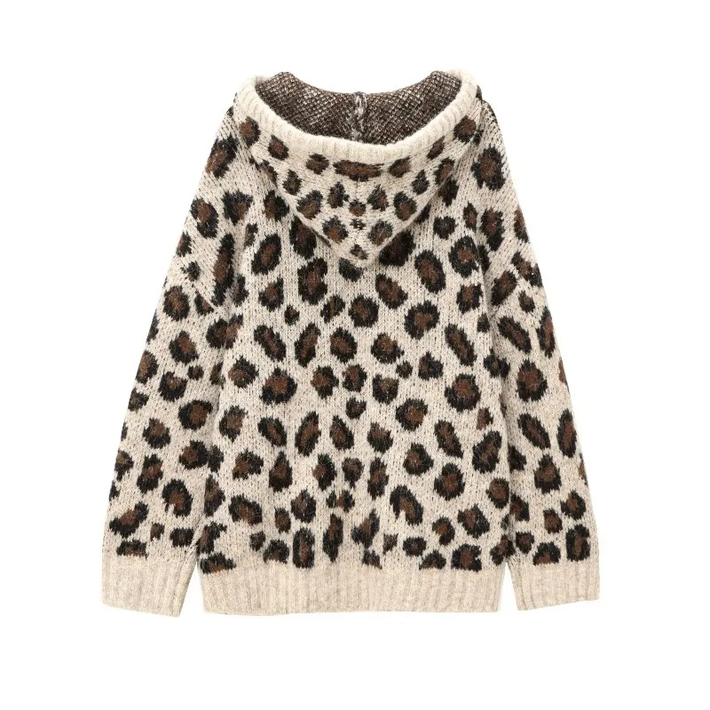 2025 Felpa con cappuccio lavorata a maglia jacquard con motivo animale a maniche lunghe allentata vintage autunno e inverno da donna