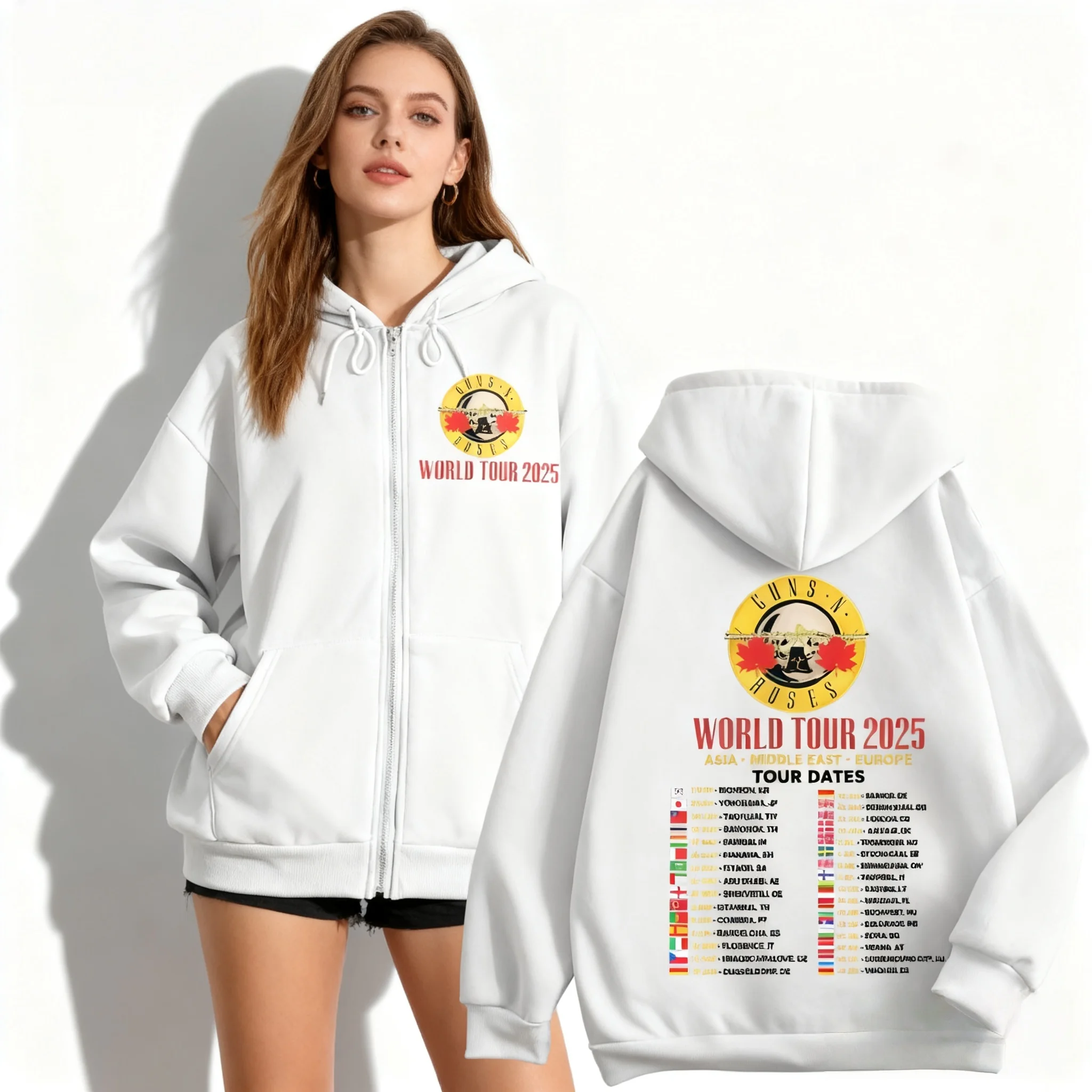 

Autumn/Winter Zipper Hoodie Rock Band Guns N Roses World Tour Oversized 3D Sweet Cool Women's and Girls' Same Style Coat
