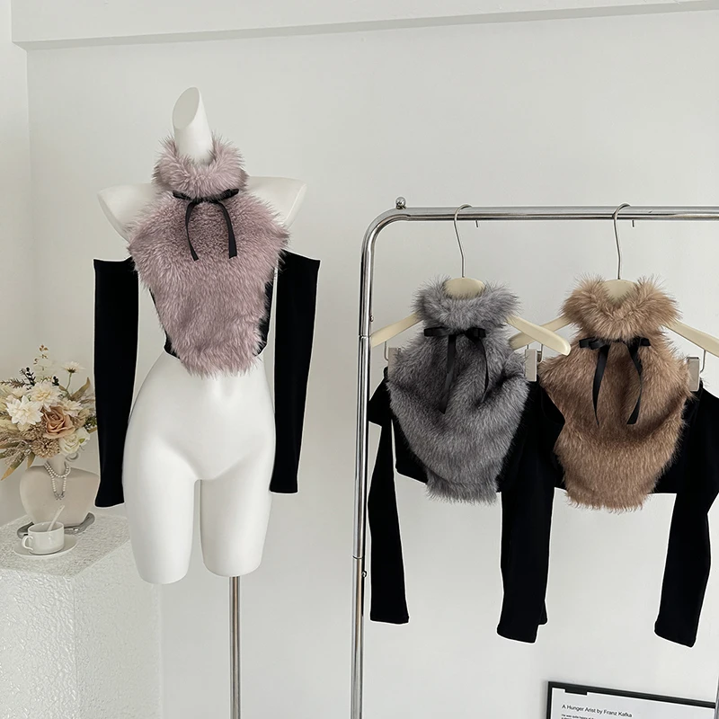 

Faux Fur Patchwork T-Shirt Women Autumn Spring Long Sleeve Short Tees Fashion Chic Halter Neck Off-the-shoulder Sexy Cropped Top