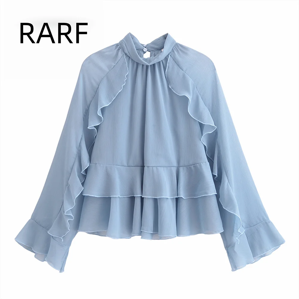 

Autumn and winter new women's clothing sweet ruffle edge back slit layered decoration stand collar long sleeved shirt