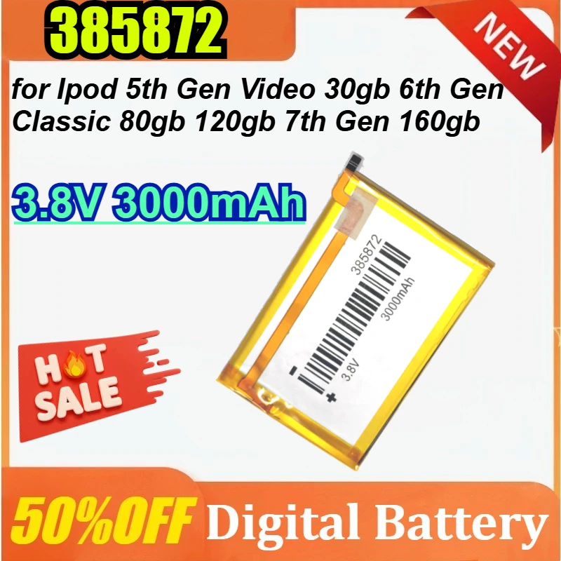 

New 385872 3.8V 3000mAh for Ipod 5th Gen Video 30gb 6th Gen Classic 80gb 120gb 7th Gen 160gb Replacement SSD HD Battery