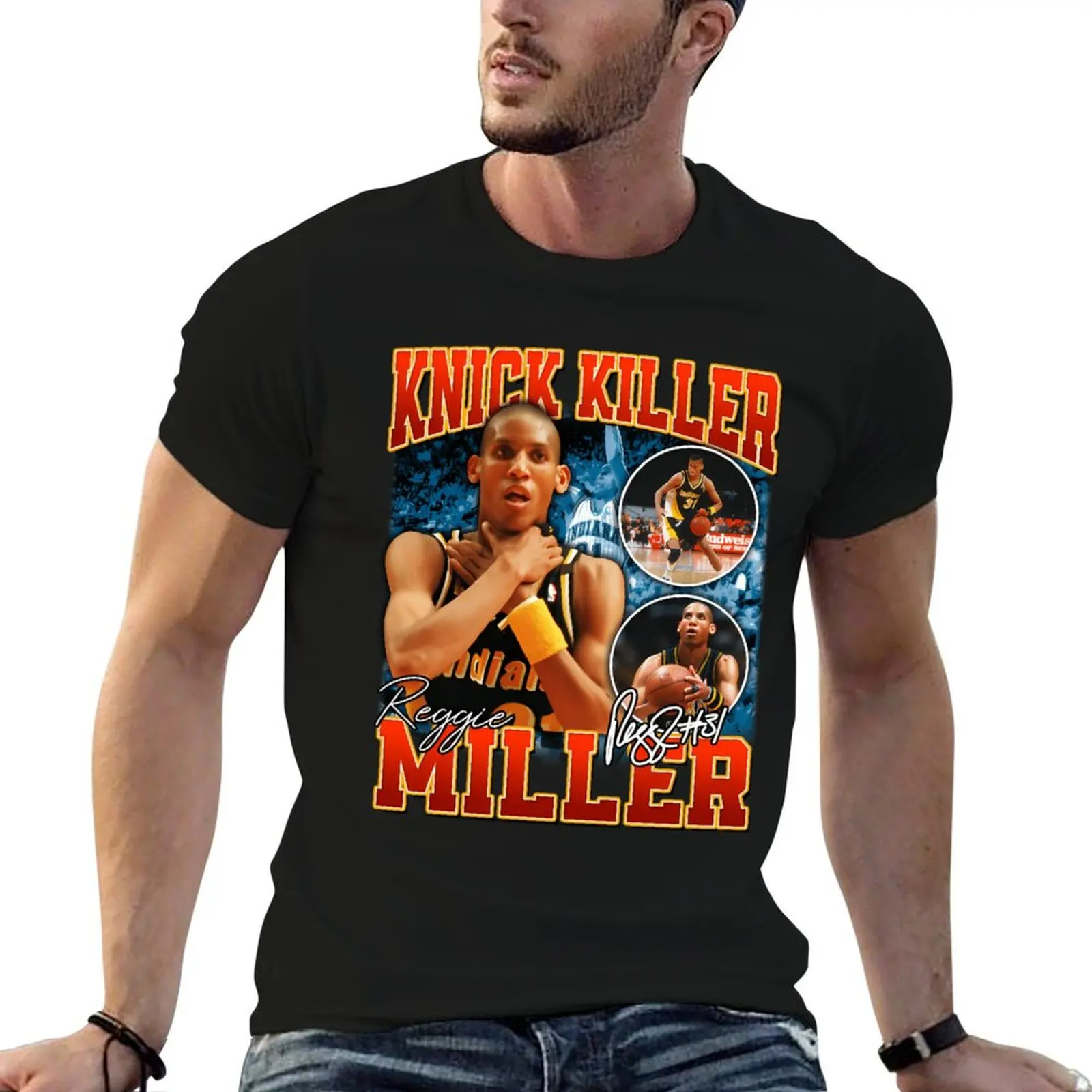 

Reggie Miller Choke Sign Basketball Legend Signature Vintage Retro 80S 90S Bootleg Rap Style T-Shirt cotton tshirt 100% T-Shirt
