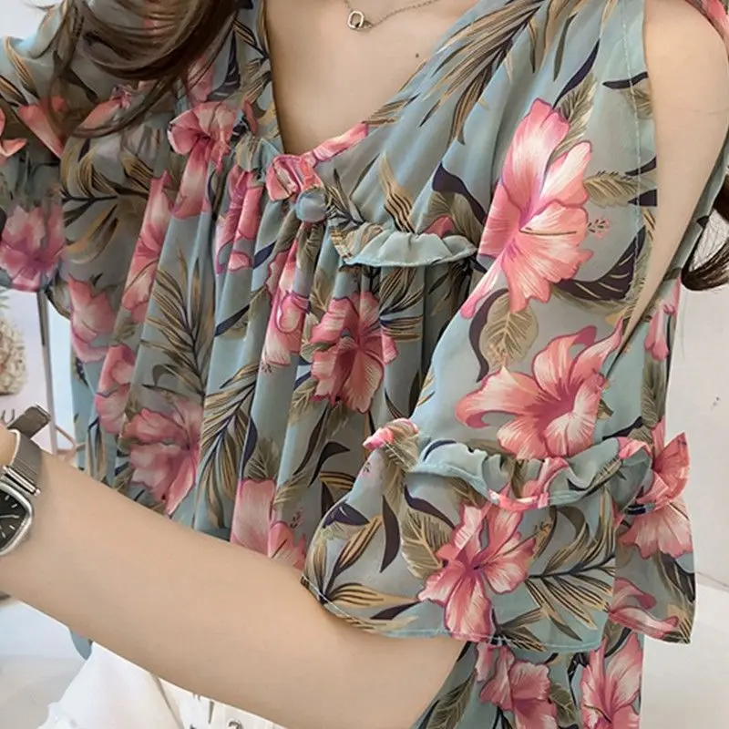 Fashion Off Shoulder Printed V-Neck Spliced Flare Sleeve Loose Chiffon Blouse Summer Casual Tops Oversized Commute Women\'s Shirt