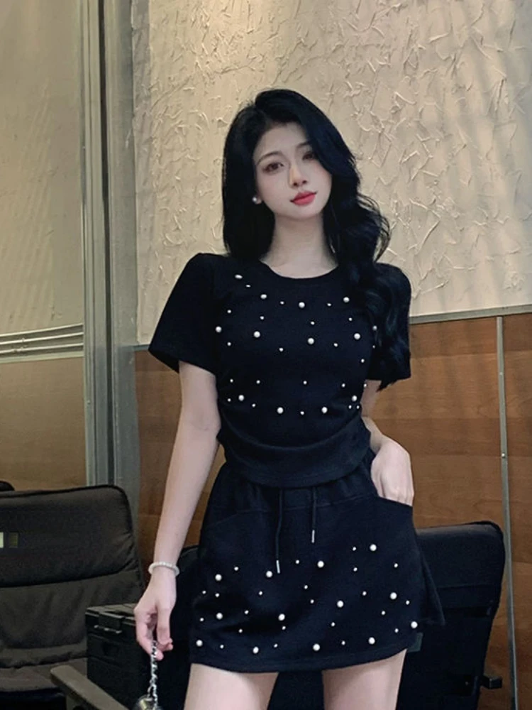 Skirt Sets Women Pearl Two Piece Outfits Roupas Femme Short Sleeve Black Pleated Crop Tshirt Bodycon Mini Skirts Set Casual Suit