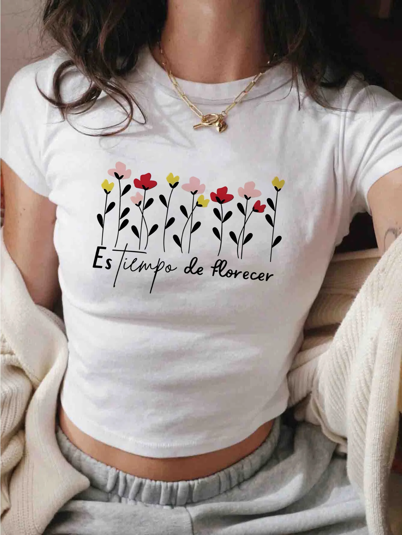 Time To Bloom Print Women'S Inspiration T-Shirt Short Round-Neck Top White Light Spring Holiday Fantasy Design Aesthetic Clothe