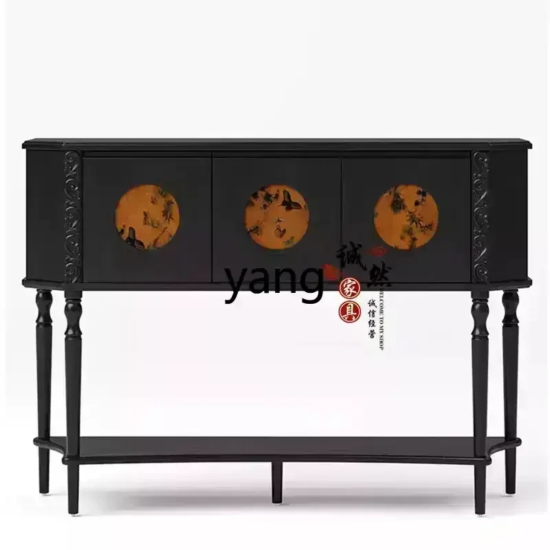 

yjq black solid wood engraved entrance cabinet living room storage decorative cabinet