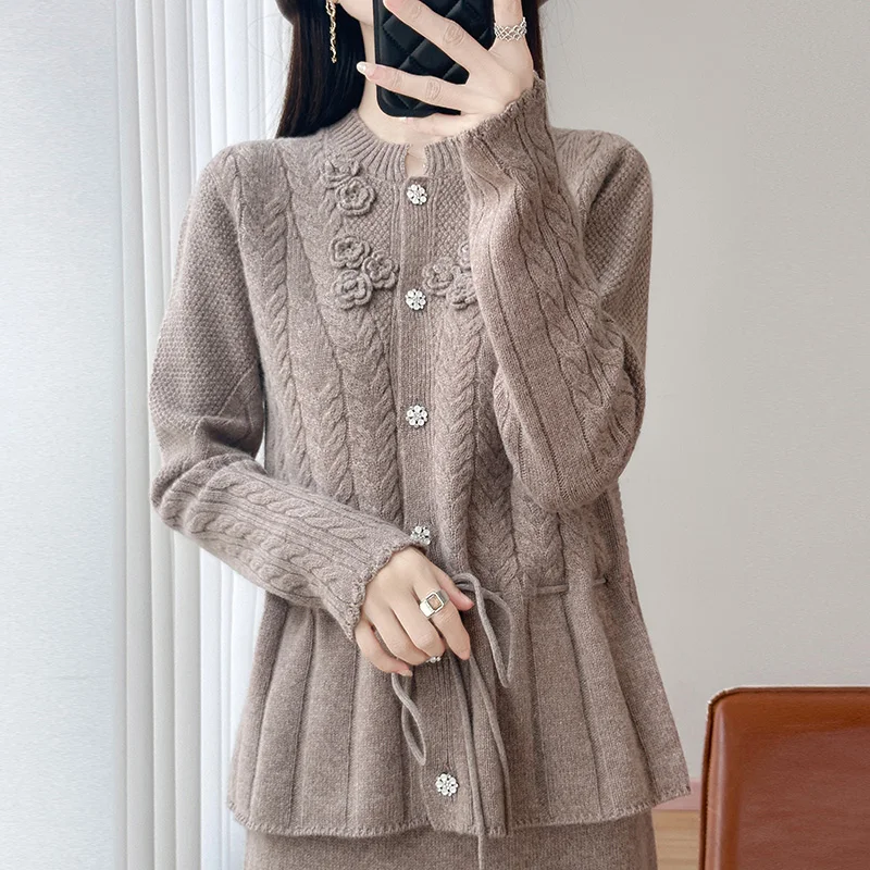 Autumn And Winter Round Neck Wool Tether Knit Cardigan Long Sleeve Waist Loose Twist Sweater Long Sleeve Coat