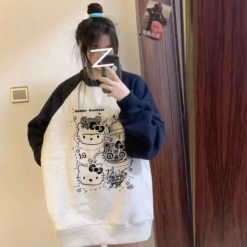 

Sanrio Cute Hello Kitty Color Blocked Round Neck Sweatshirt Women Autumn Winter Loose College Style Top Korean Version Trend Top