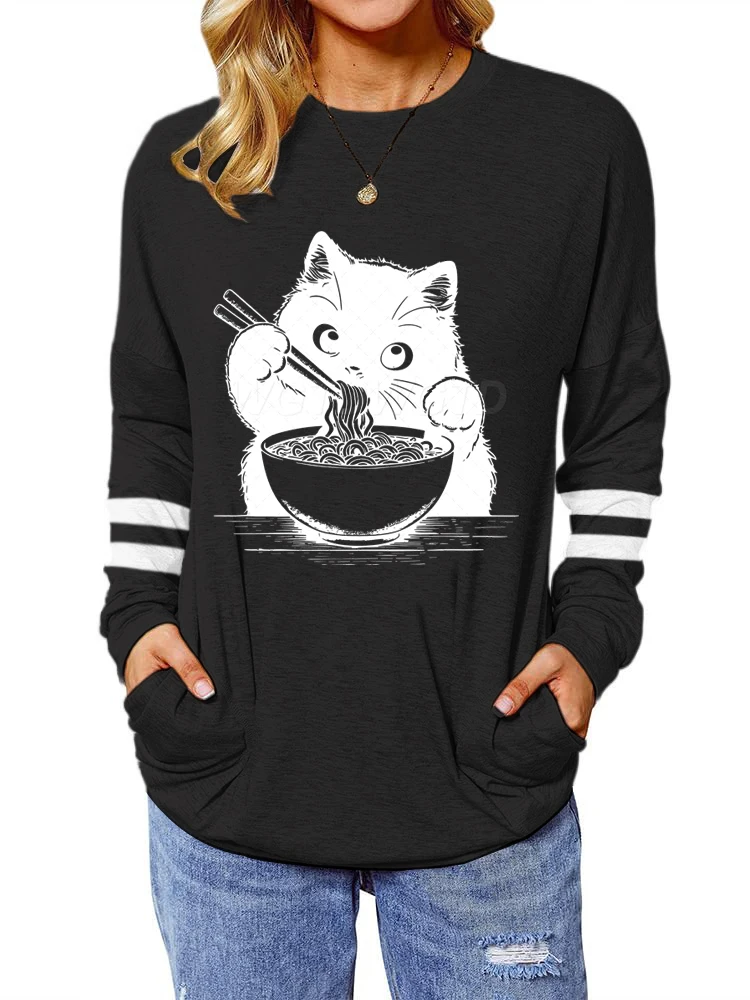 Cat Eating Ramen Funny T Shirt Cartoon Cute Cat Lover Gift Womens Short Sleeve T-shirt Japanese Noodle Cat Vintage Shirt Clothes