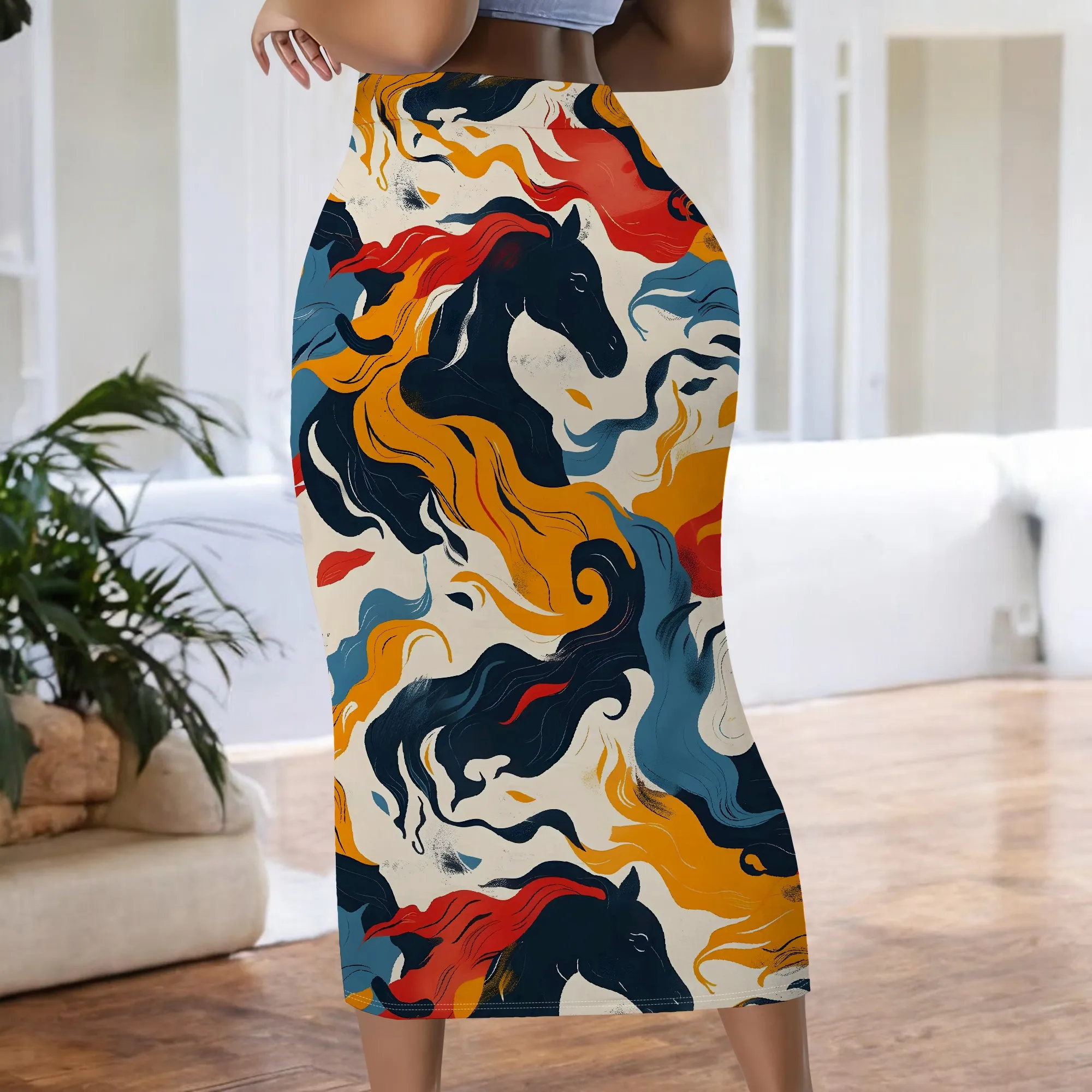 Künstlerischer Pferdedruck, Midi-Bleistiftrock, Abstraktes Tiermuster, Hochgeschnittener Bodycon-Rock, Modische Büro- und Partykleidung, S-2XL – Detail 6