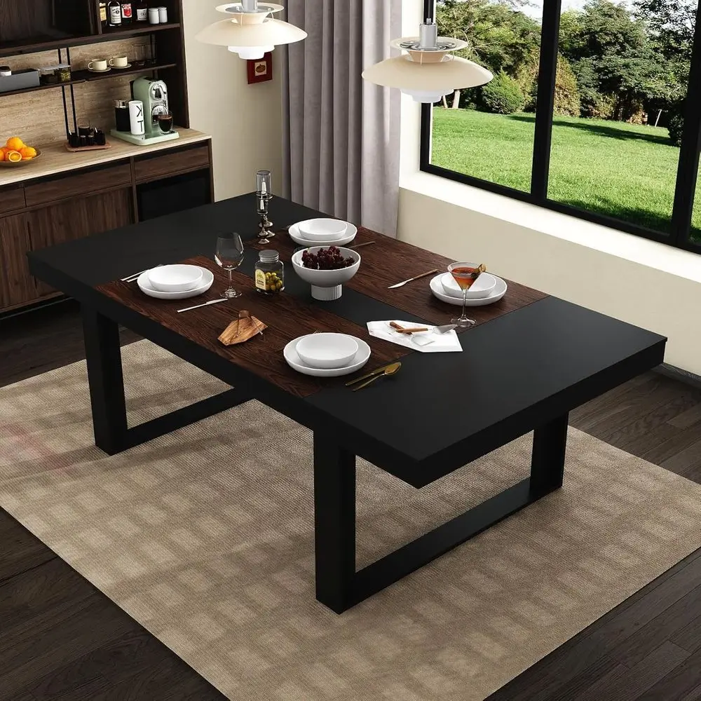 Elegant 86.8 Walnut & Black Rectangular Dining Table, Seats 6-8, for Kitchen or Dining Room