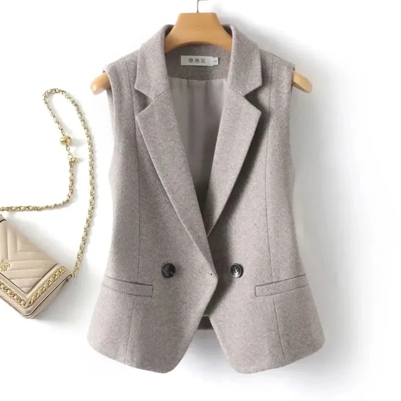 Damska Kamizelka Khaki Bez Rękawów Żakiet Krótka Kamizelka Płaszcz Jesień Zima Damskie Uniwersalne Blejzery Codzienne Topy Wąskie Płaszcze Top