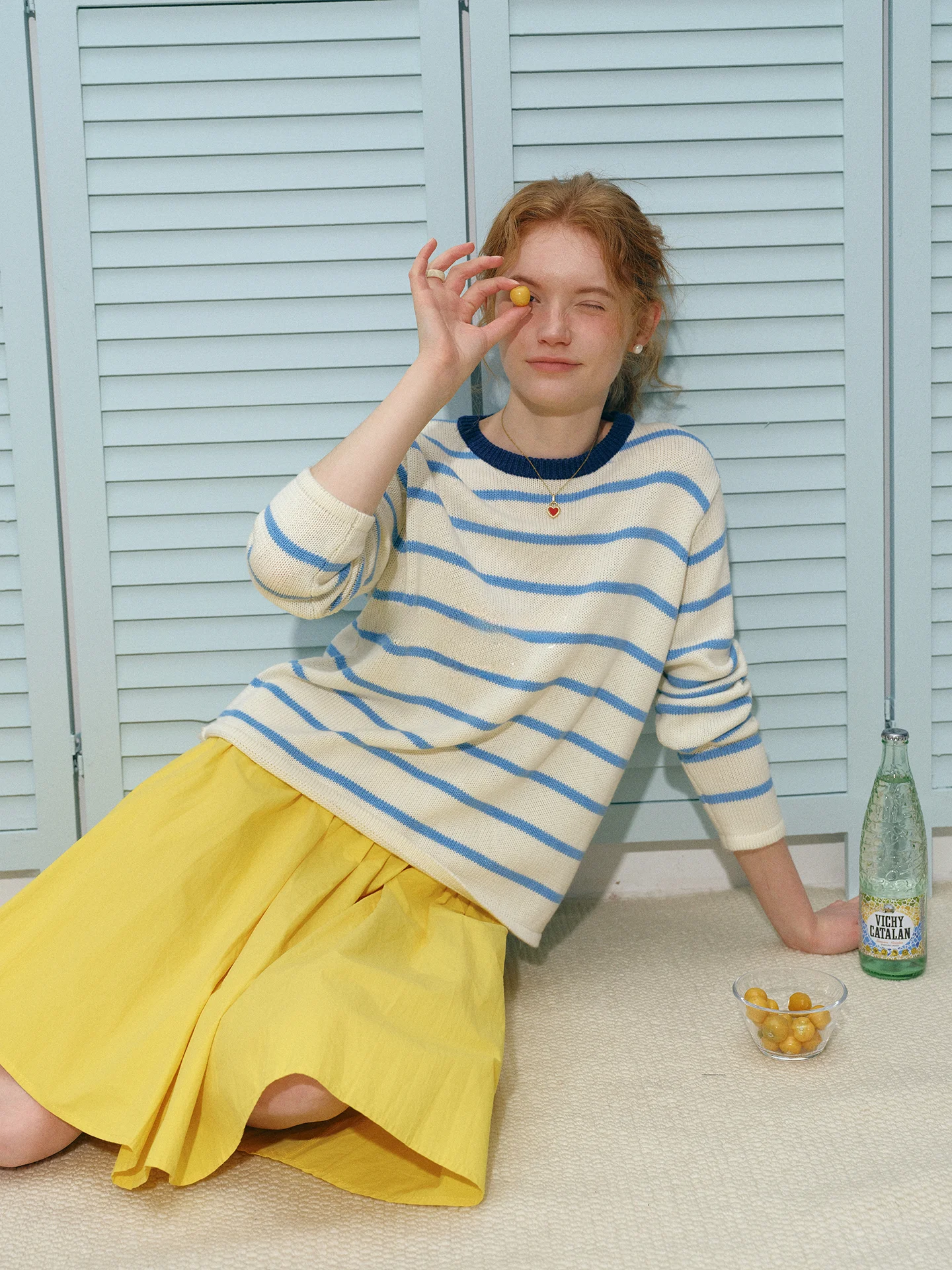 

Rina Berry Soft Sle Knitted Sweater round Ne Stripe Color Blo Two Color Design Casual Comfortable Breathable Long Sve