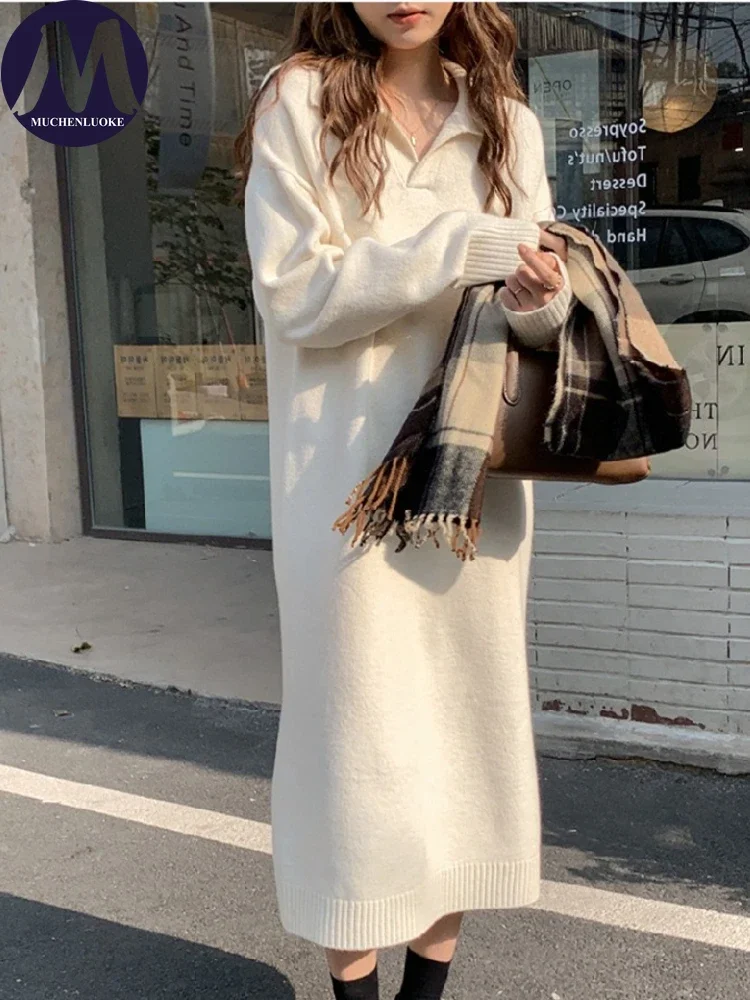 Vestidos femininos elegantes outono inverno estilo preguiçoso gola polo camisola de malha vestido coreano moda casual solto vestidos quentes
