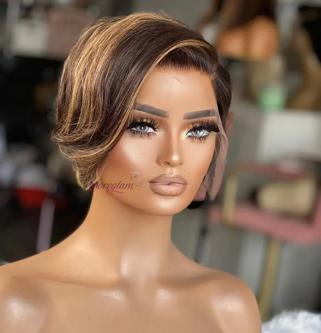 Braune Pixie-Cut Echthaarperücken für Frauen, Brasilianisches Blondes Ombre Kurzes Echthaar, Gerade Perücke mit Highlights, Vorgezupft – Detail 28
