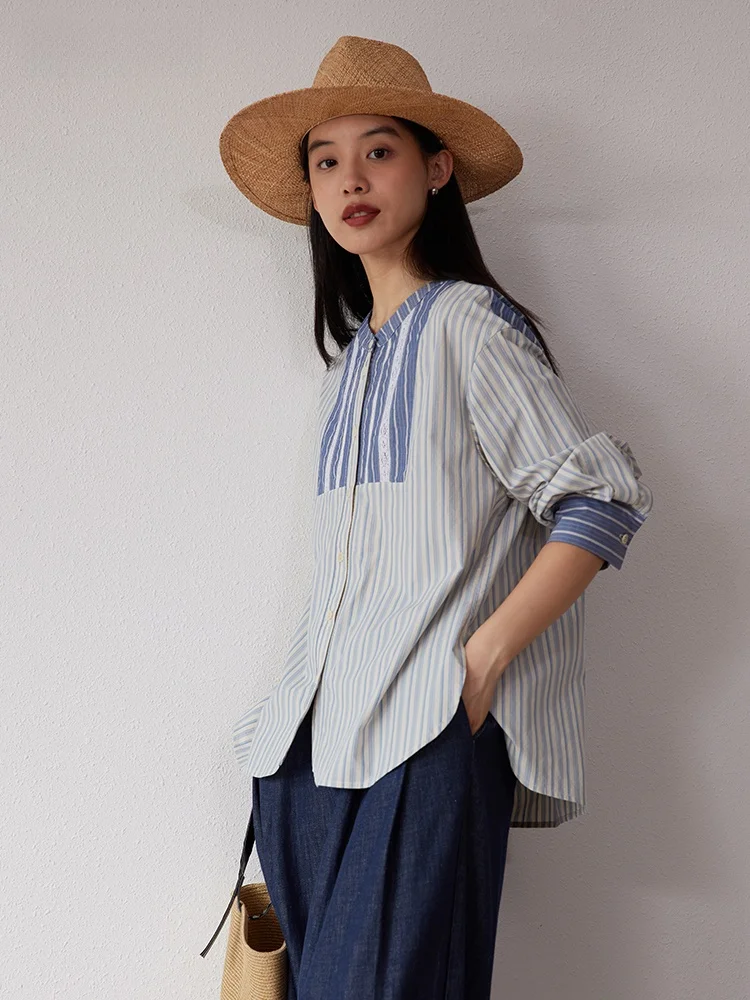 

Botanique Salt Series Blue Waed Cotton Lace Patchwork Striped irt Women's Autumn Sle Commute Simple Long Sve Blouse
