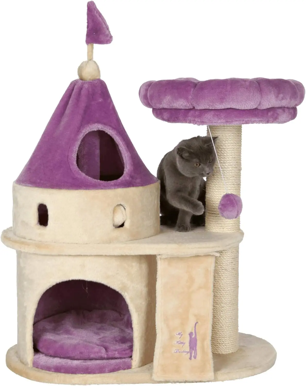 My Kitty Darling Castle Condo, Scratching Post, Cat Tree, Pom Pom, Crinkle Toy | Beige 27.5 x 14.75 x 35.25 in.