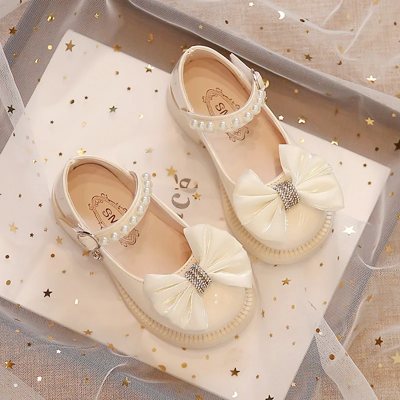 

Congme 3-10Yrs Girl Leather Shoes Toddler Kids Korean Style Bow Pearl Flat Shoes Princess Shoes Dress Doll Shoes