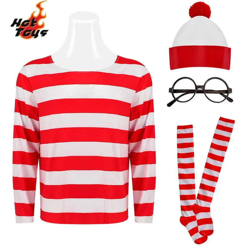 Полосатая рубашка Wheres Waldo, молодежный детский костюм Wally для мальчиков, рубашка, очки и шляпа, носки, карнавальный костюм унисекс для взрослых