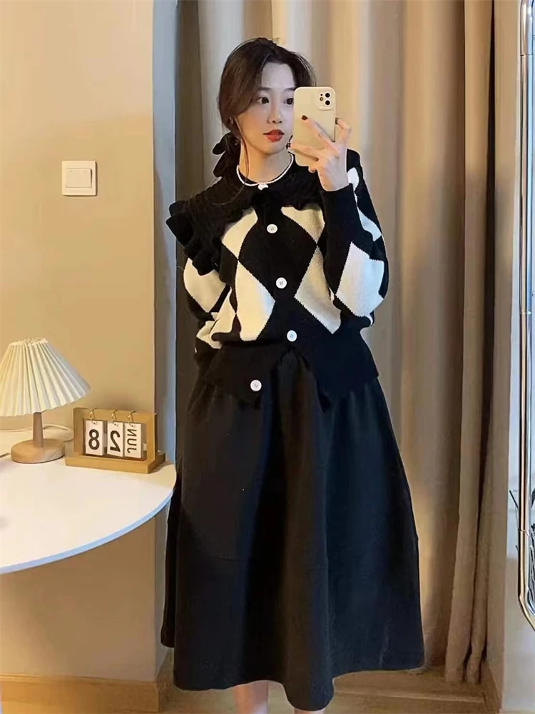 Women Sweater Winter 2 Piece Sets Elegnat Knitted Suits Female Sweaters Vintage Womens Skirt High Waist Autumn Vintage Vestidos