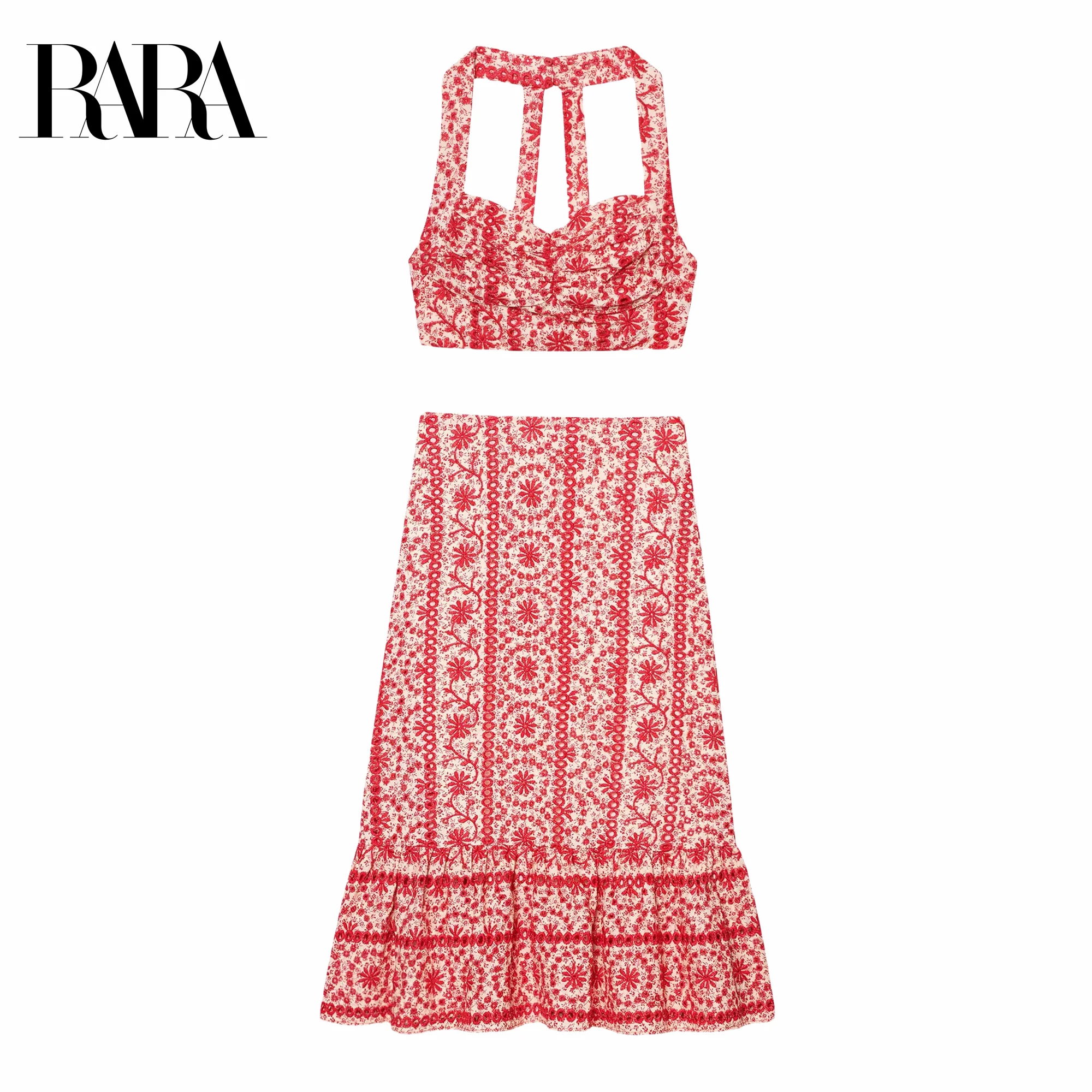 

RARA Women's Sleeveless Off - Shoulder Halter Neck Short Cami Top and Mid - length Mermaid Skirt Embroidered Cut - out Set