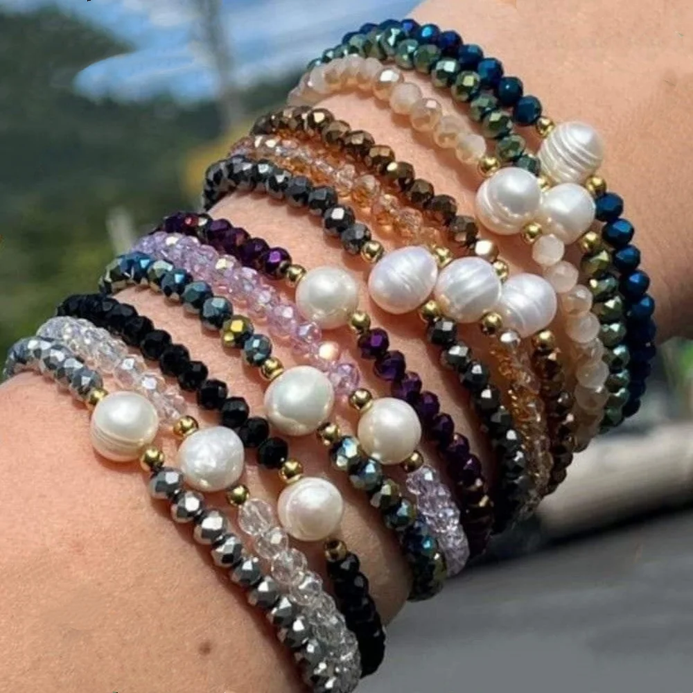 

Vlen Faceted Crystal Beads Bracelet Freshwater Pearl Stackable Bangle for Women Healing Energy Jewelry Gift for Her