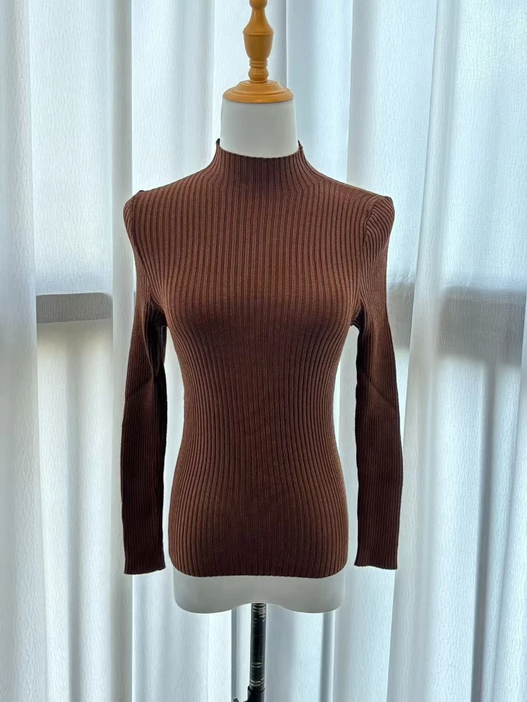 Nuevas camisetas básicas elegantes de primavera y otoño para mujer, suéter con cuello alto, Jersey ajustado informal de manga larga, ropa sencilla de moda coreana