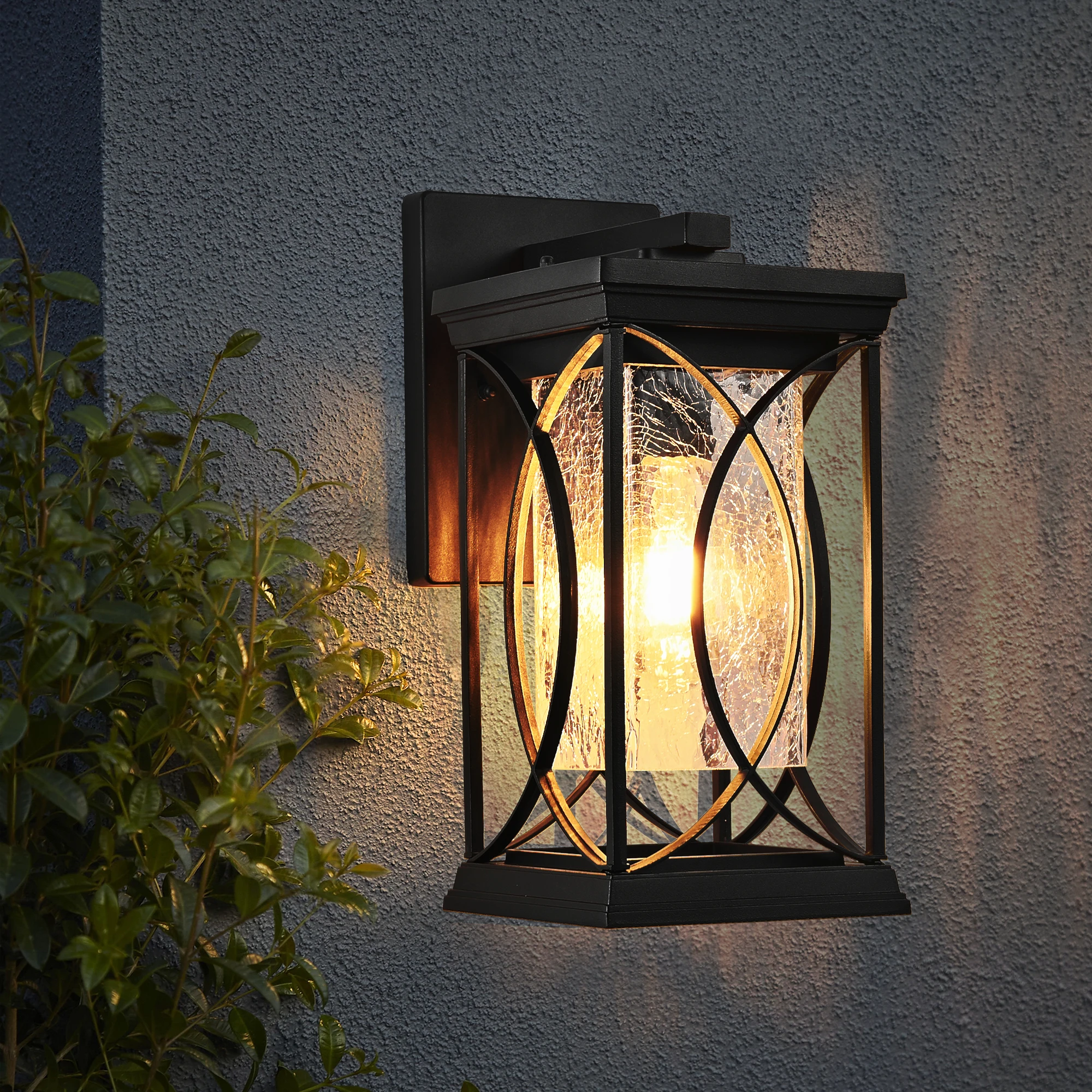 Black Outdoor Wall Lantern with Crackled Glass, Weather-Resistant Exterior Light Fixture for Porch, Patio, and Entryway