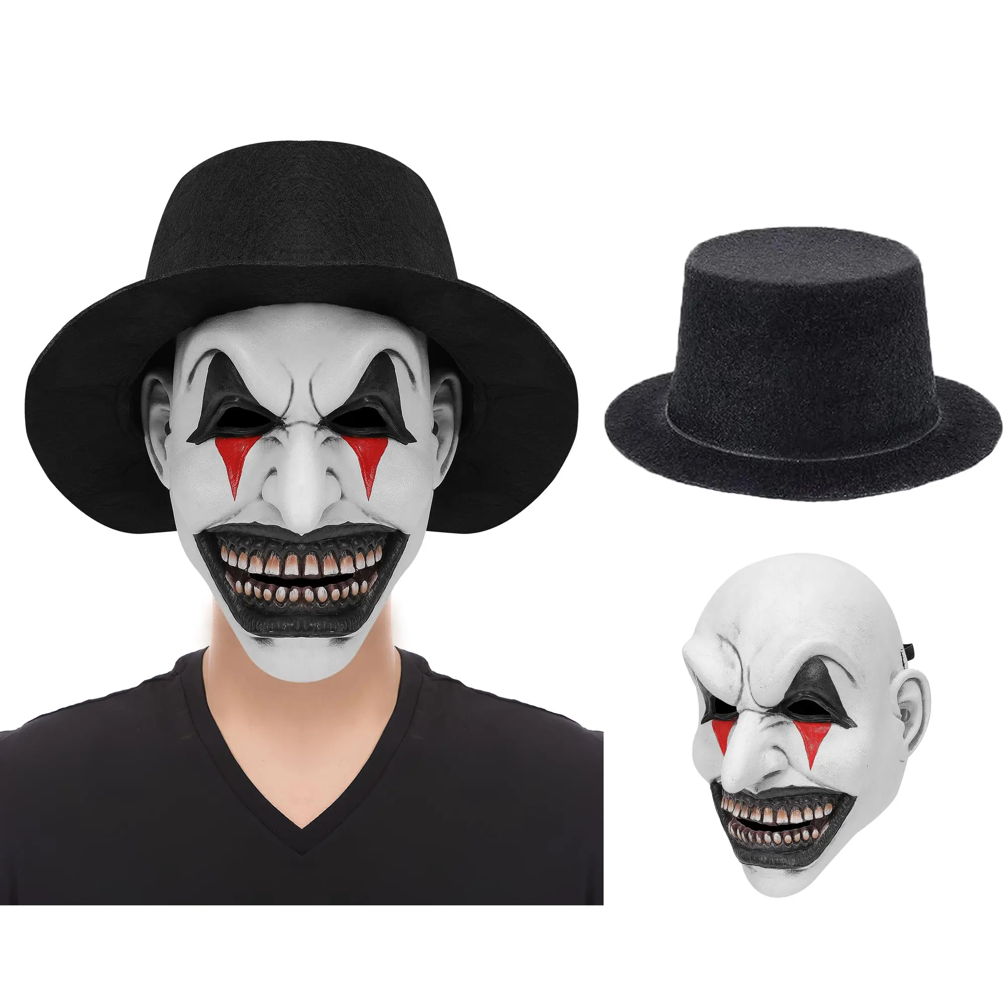 Masque de Clown effrayant pour adultes, masque souriant tueur effrayant avec chapeau, accessoires de Costume de démon maléfique d'halloween pour hommes et femmes