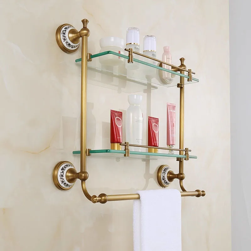 Modern All Copper Brass Finish Corner Mount Wall Bathroom Washbasin Cosmetics Storage Rack with Double Layer
