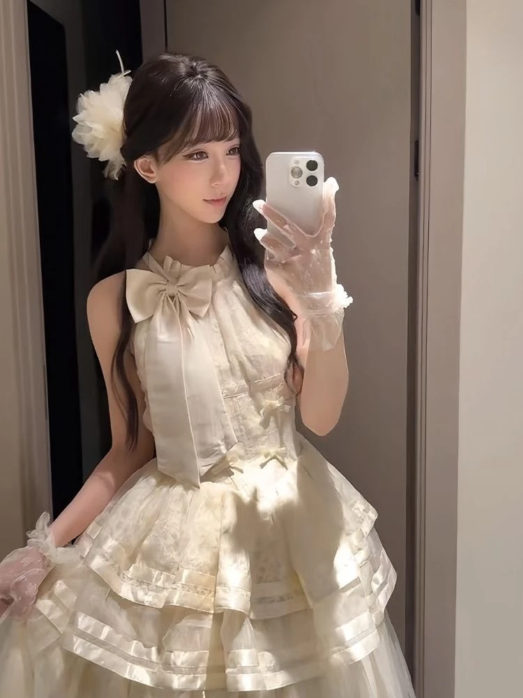 اليابانية الحلو لوليتا نمط المرأة فستان الرسن القوس أكمام الشاش المرقعة فساتين Kawaii فتاة Y2k الجمالية الجرونج Vestidos #3