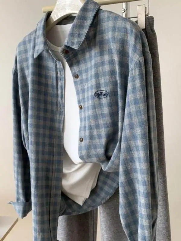 

Early Spring Women's Casual Shirt Letter Embroidery Flocking Blue Grey Plaid Top Versatile Loose Fit Collar Short Sleeve